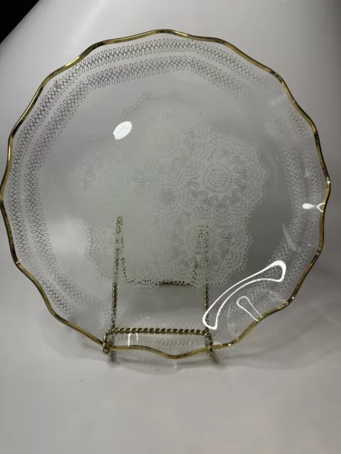 Vtg Chance Bros Filigree Lace Glass Ruffle Plate Gold Gilded Rim Dish  11”