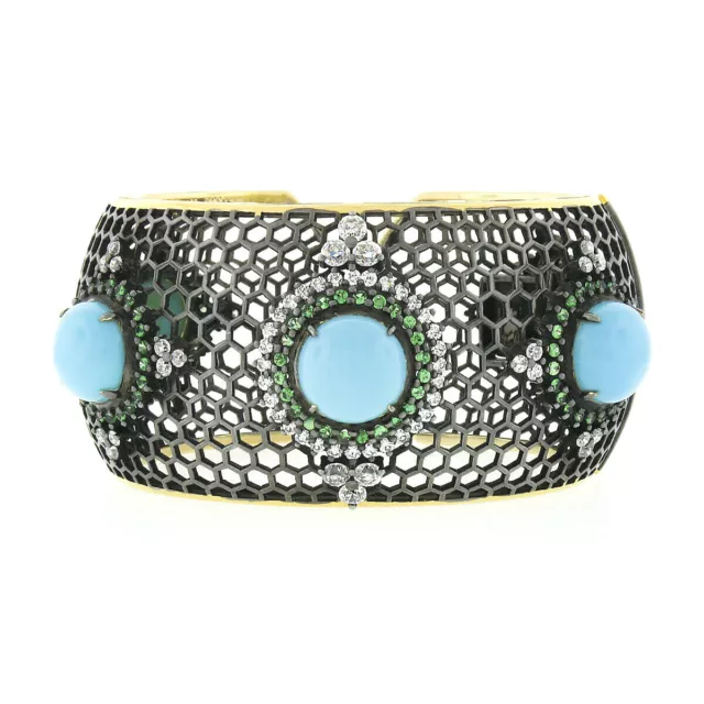 18k or Noir Turquoise Tsavorite & Diamant Alvéolaire Large Manchette Bracelet