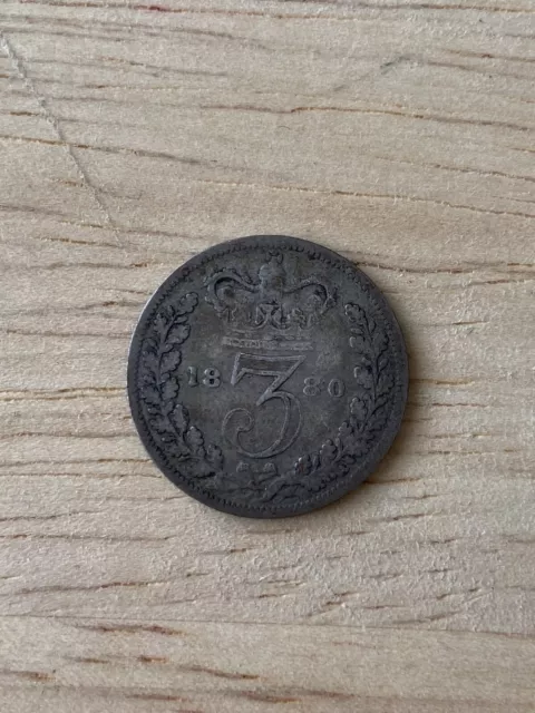 1880 Silver 3 Pence Maundy Coin Queen Victoria