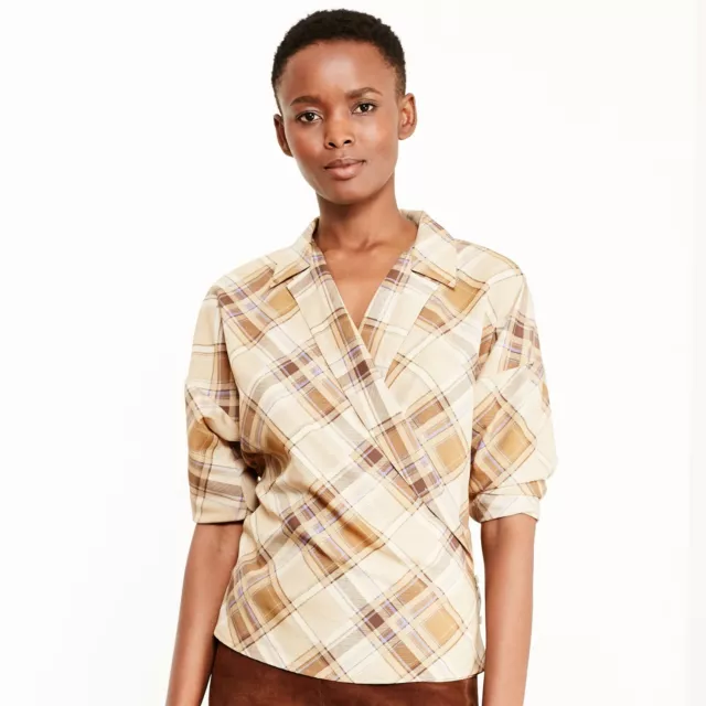 Lauren Ralph Lauren Women's New Brown Multi Plaid Crepe Wrap Shirt Top S, M