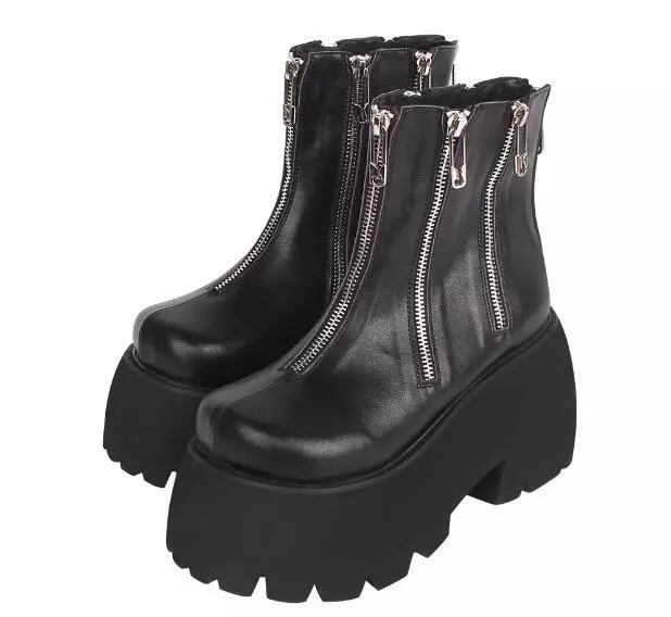 Womens Fashion Punk Round Toe Zipper Ankle Boots Lolita Shoes Chunky High Heels