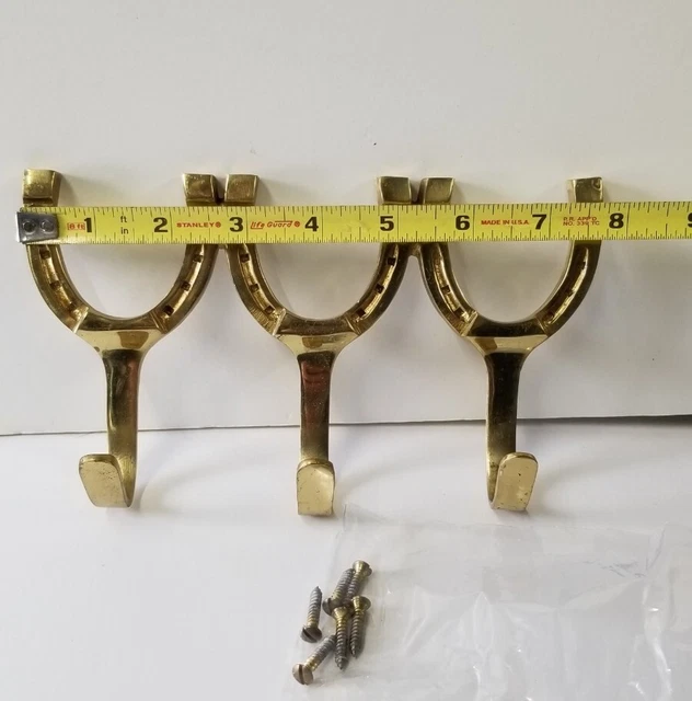 Vintage Solid Brass Horses Horseshoe Wall Hanger 3 Hooks with mounting screws 4