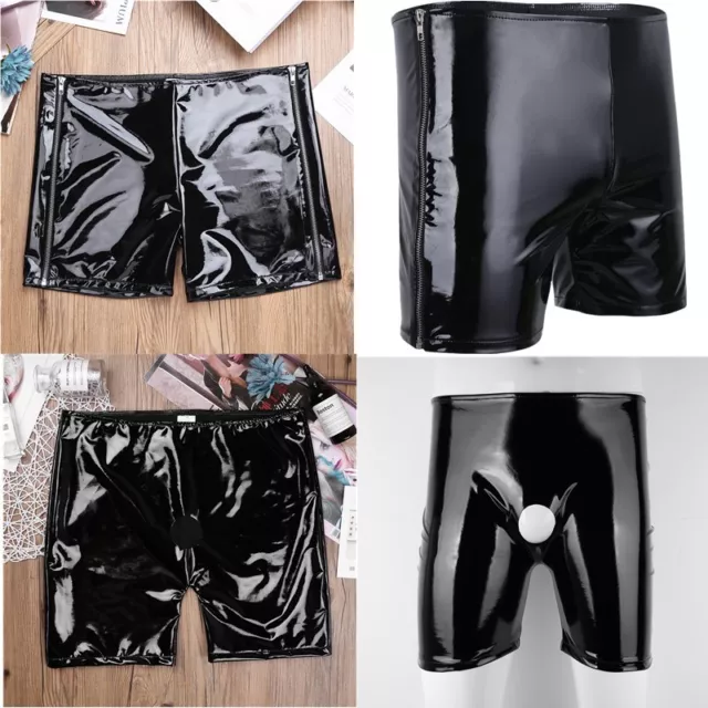 Mens PVC Leather Boxer Shorts Bikini Underwear Side Zipper Hot Boxer Short Pants