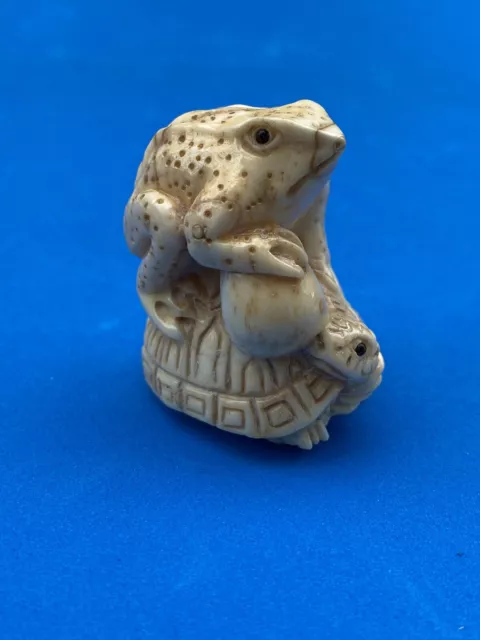 Beautiful Japanese Carved Netsuke Toad On Tortoise