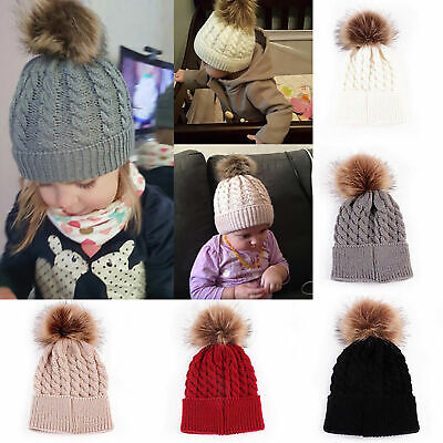 Baby Girls Boys Toddler Warm Knitted Fur PomPom Bobble Hat Beanie Caps Winter