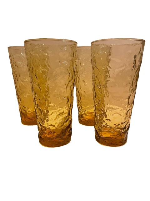 VTG Anchor Hocking Amber Tumbler Lido Milano Crinkle 12oz. Glasses Set Of 4