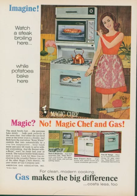 1965 Magic Chef Gas Two Ovens Bake Broil Same Time Apron Kettle Vtg Print Ad GH2