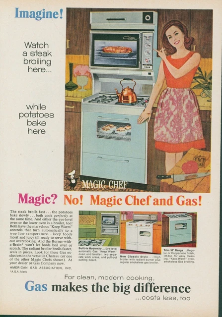 1965 Magic Chef Gas Two Ovens Bake Broil Same Time Apron Kettle Vtg Print Ad GH2