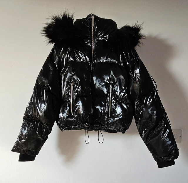 MANIERE DE VOIR black high shine short fur hood puffer jacket size 6 8 BNWOT 55.00 PicClick UK