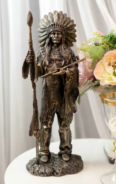 Native American Indian Chief With Eagle Roach Spear And Chalumet Pipe Statue