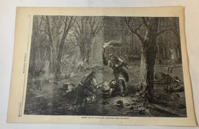 1862 magazine engraving~11x16 ~ UNION SOLDIERS SEEKING WOUNDED BY TORCHLIGHT