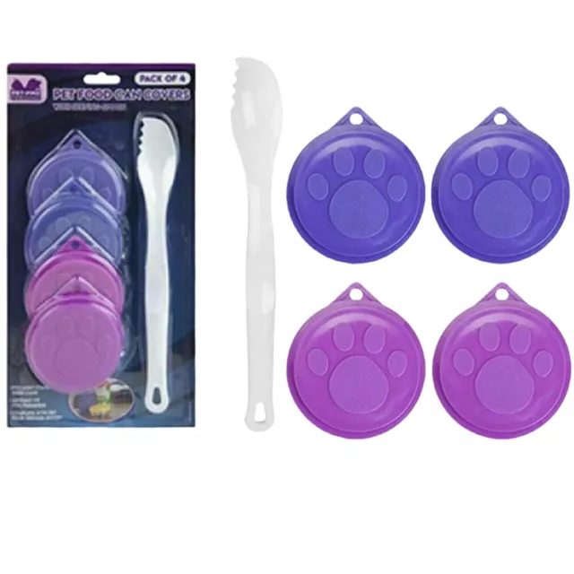 4x Pet Food Can Cover & Spoon Plastic Lids Reusable Cat Dog Fresh Food Storage
