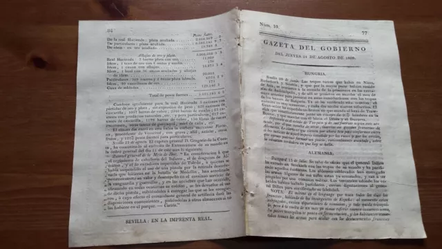 Núm. 10 Gazeta del Gobierno del Jueves 24 de Agosto de 1809, Gerona Cádiz Lisboa