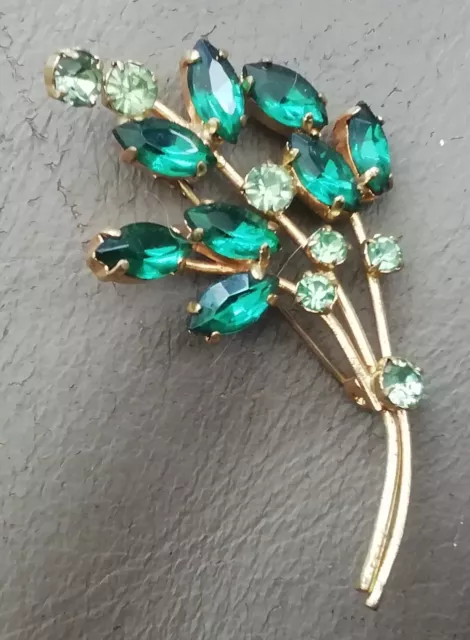 Ancienne Broche Art Déco strass Verts bouquet fleurs Années 50