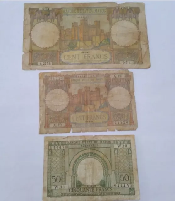 Old Morocco lot 3 Banknote French occupation 50 100 francs poor condition note 6