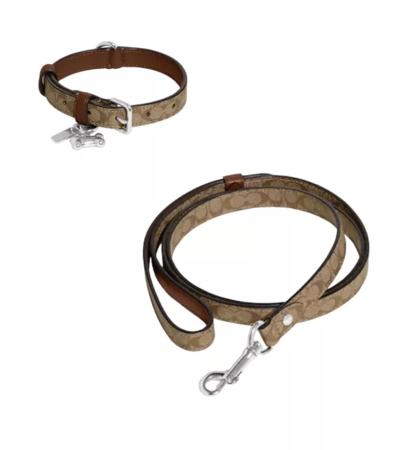 Coach Dog Collar & Leash Set Khaki Brown Small Jacquard Leather Signature C Box