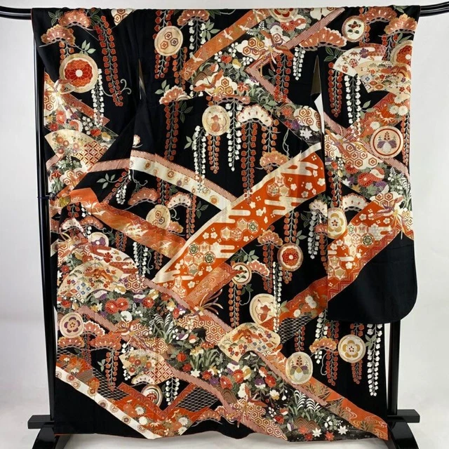 Woman Japanese Kimono Furisode Silk Fan Flower Bird Gold Silver Foil Black