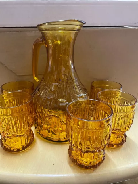 Vintage Italian Retro Amber Glass Jug Pitcher With Cups Italy Set