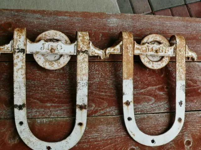 Pair Extremely RARE Cockshutt J.G.C. Horseshoe Barn Door Hangers Rollers Hardwar
