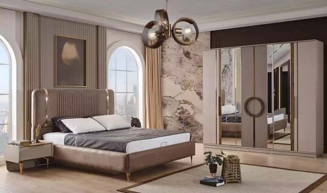 Lit 2x Nachttische 6 Parties Chambre à Coucher Set Design Meuble Moderne Luxe