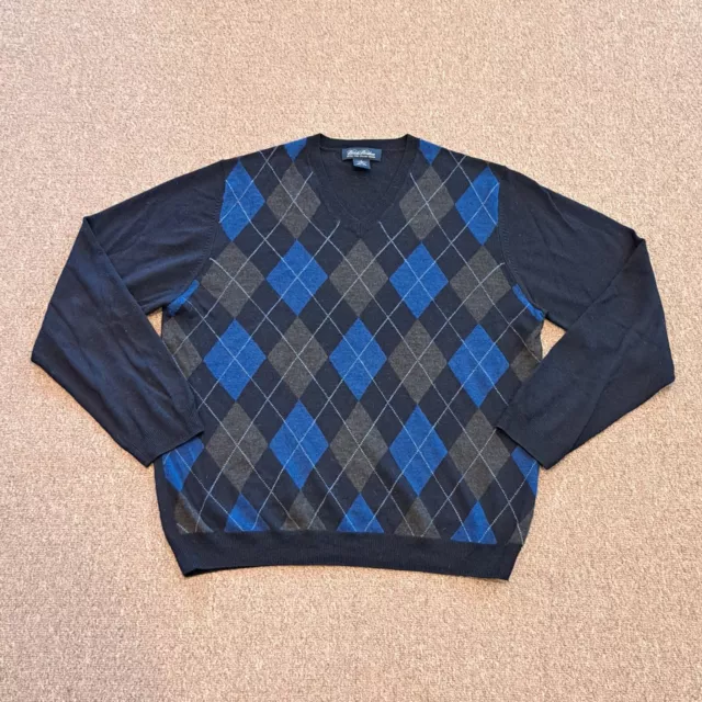 Brooks Brothers Sweater Mens Large Argyle V-Neck Blue 100% Merino Wool EUC