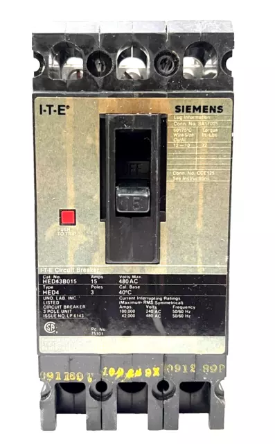 ITE/Siemens HED43B015 3 Pole 15 Amp 480VAC MC Circuit Breaker