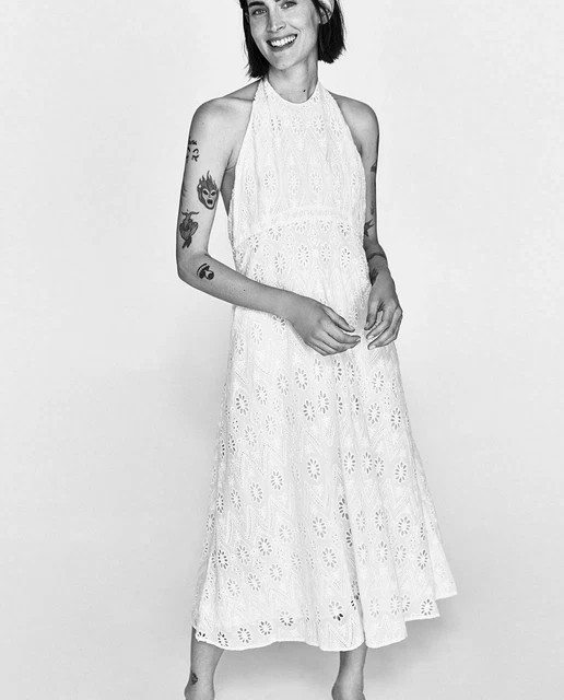 ZARA WHITE MIDI Halter Neck Embroidered Dress Open Back Flowing Xs  Ref:4786/058 28.00 - PicClick UK