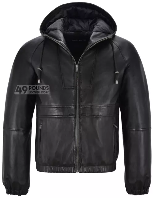 Mens Hooded Leather Jacket Black Fitted Stylish Sports Real Leather Hoodie 2113