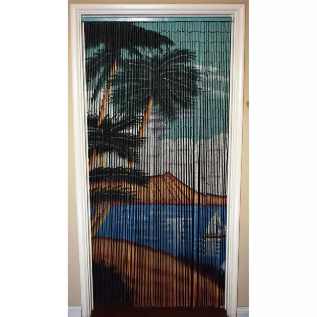 Beach Scene Beaded Bamboo Curtain Hanging Doorway Boho Privacy Screen 2-Sided