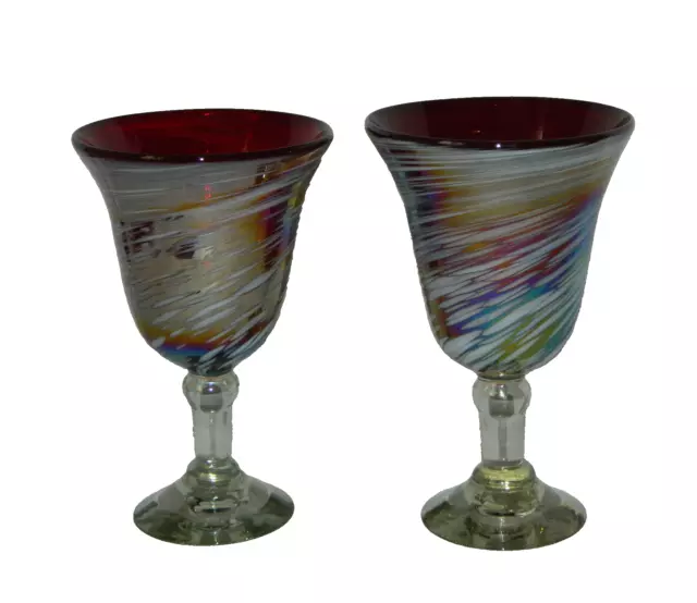 2 Vintage Colorful Hand Blown Iridescent Swirl Wine Glasses 16 oz