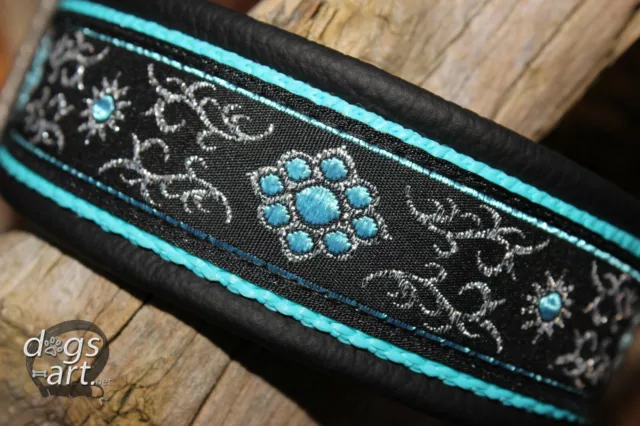 Hundehalsband Leder Schwarz Blau Glitzer Klickverschluss Alu mit Gravur Halsband