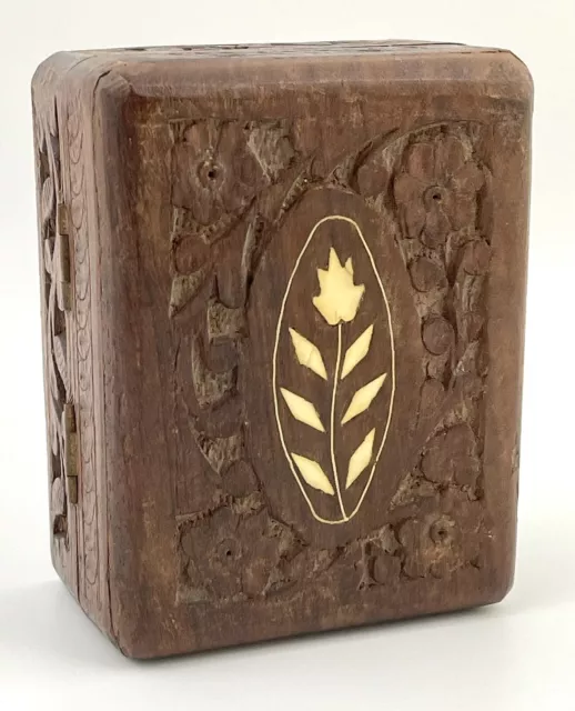 Vintage Carved Wood Trinket Jewelry Box 1970s Inlaid Wood Hinged Lined MCM Decor