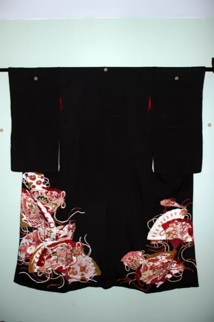Lovely! Antique Vintage Japanese Silk Kimono Showa Taisho Tomesode w fans cranes