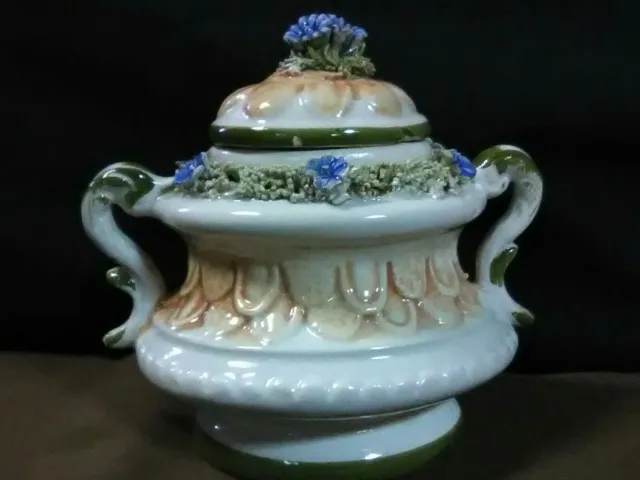 Unique Vtg.Bassano Italy Majolica Pottery Small Handled Sugar Bowl w/Lid 2