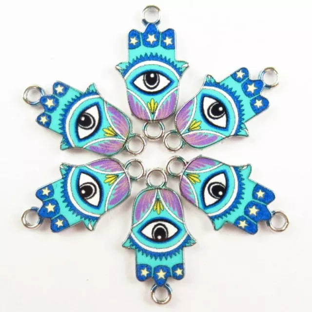 6Pcs Purple Blue Enamel Tibetan Silver Evil Eye Hand Pendant Bead PJ2928