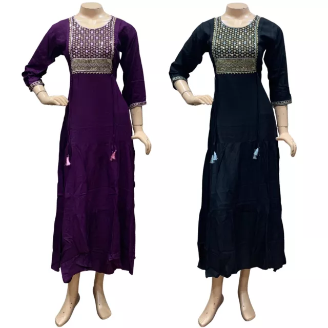 Indian Pakistani Women Rayon Long Kurti Kurta Top Dress, Casual Stitched Kameez