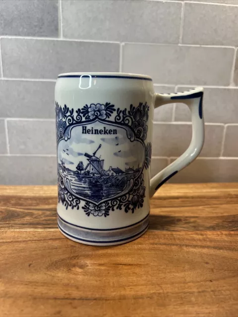 Vintage Heineken Delft Blue Holland Porcelain Beer Stein Mug Windmill Dutch 16oz