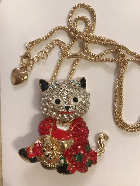 Betsey Johnson Red Crystal Enamel Basket Cat Pendant Necklace Brooch NWT