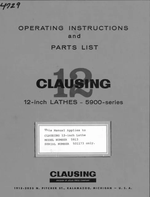 1963 Operator instruction Maint Manual Clausing 12" inch Lathe 5900 Series