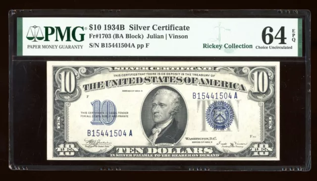 DBR 1934-B $10 Silver Vinson Fr. 1703 PMG 64 EPQ Serial B15441504A