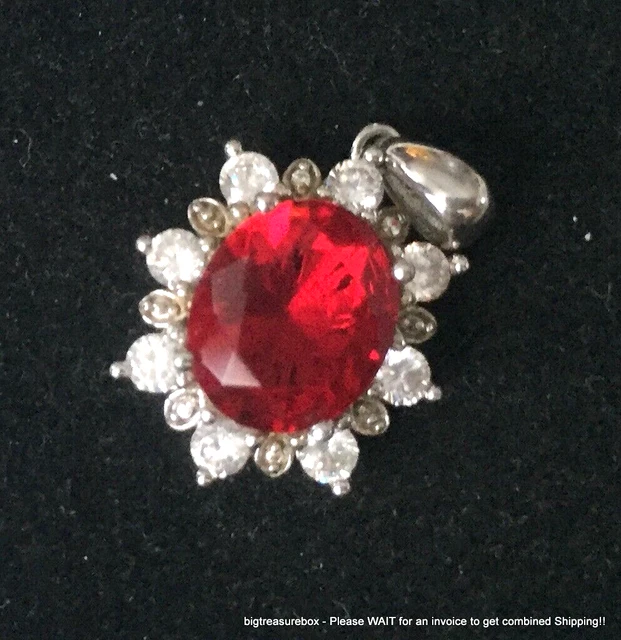 Vintage Necklace Pendant MARKED 925 STERLING SILVER Glitzy Red Jewelry lot y