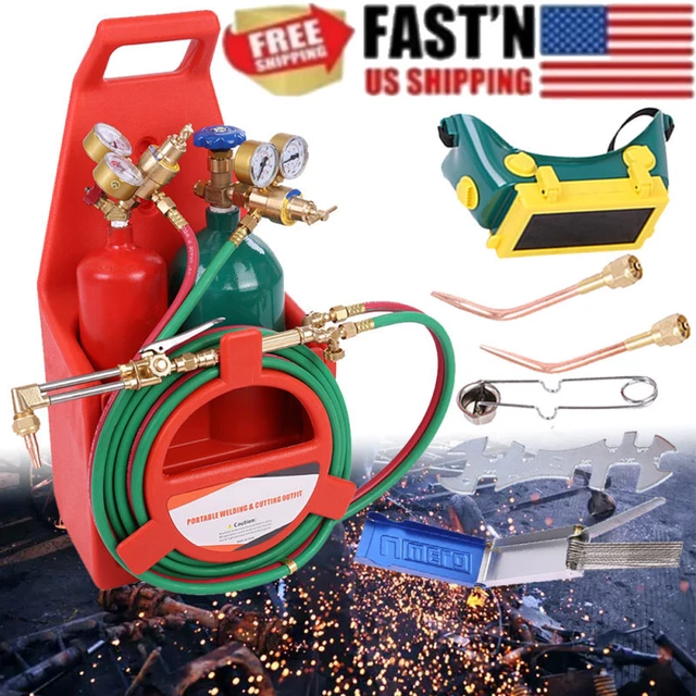 Portable Welding Oxygen Acetylene Torch Kit with Carrying Tote/Tanks/Gauge Red