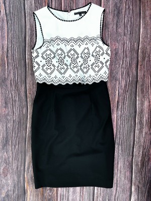 Antonio Melani Sz 6 Embroidered Eyelet Scalloped Sheath Dress Black White s