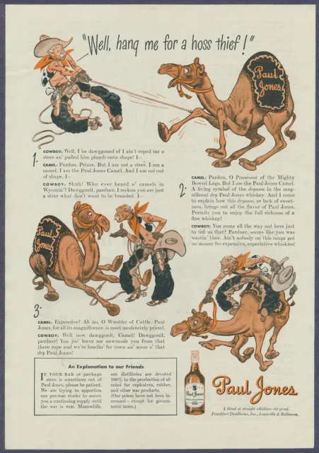 Cowboy Wrangles Camel Paul Jones Whiskey Vintage Print Ad 1943