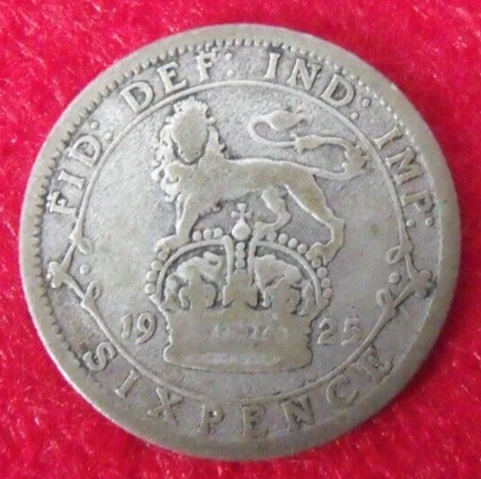 1925 GEORGE V SILVER SIXPENCE  ( 50% Silver )  British 6d Coin.   324