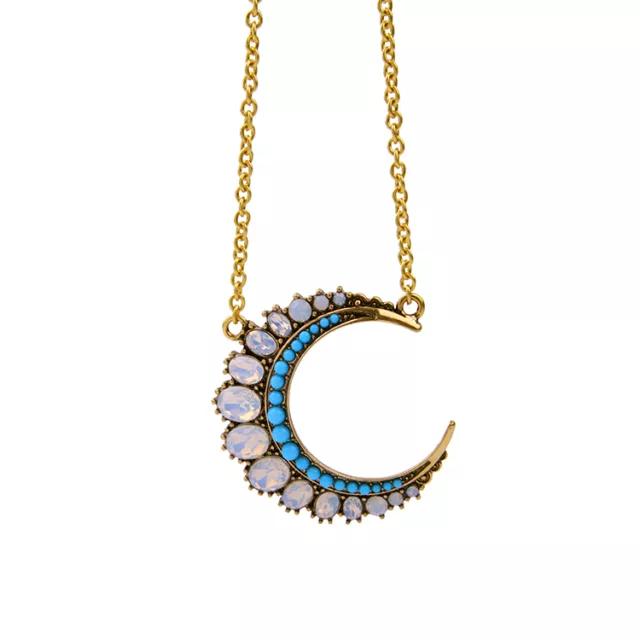 Collier Doré Mi Long Gros Pendantif Lune Opale Mini Perle Bleu Retro DDZ2