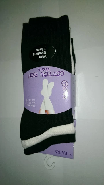 3 paires de chaussettes filles riches en coton - Taille UK 12 1/2 - 3 1/2 (EUR 31 - 36)