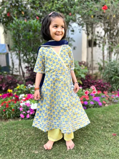 Traditional Indian Diwali Wear Blue Print Suit Kids Girl Stylish Dress Kurta Set