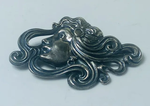 Vintage Art Nouveau Sterling Silver Woman's Profile Flowing Hair Brooch / Pin