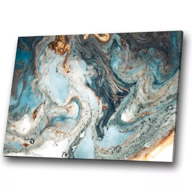 Blue Teal White Gold Marble Abstract Canvas Wall Art Large Picture Prints